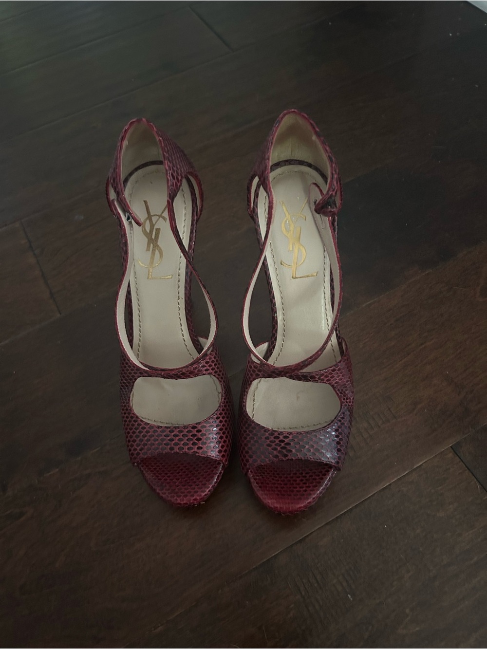 Yves Saint Laurent (YSL) platform sandals, burgundy and plum snakeskin.